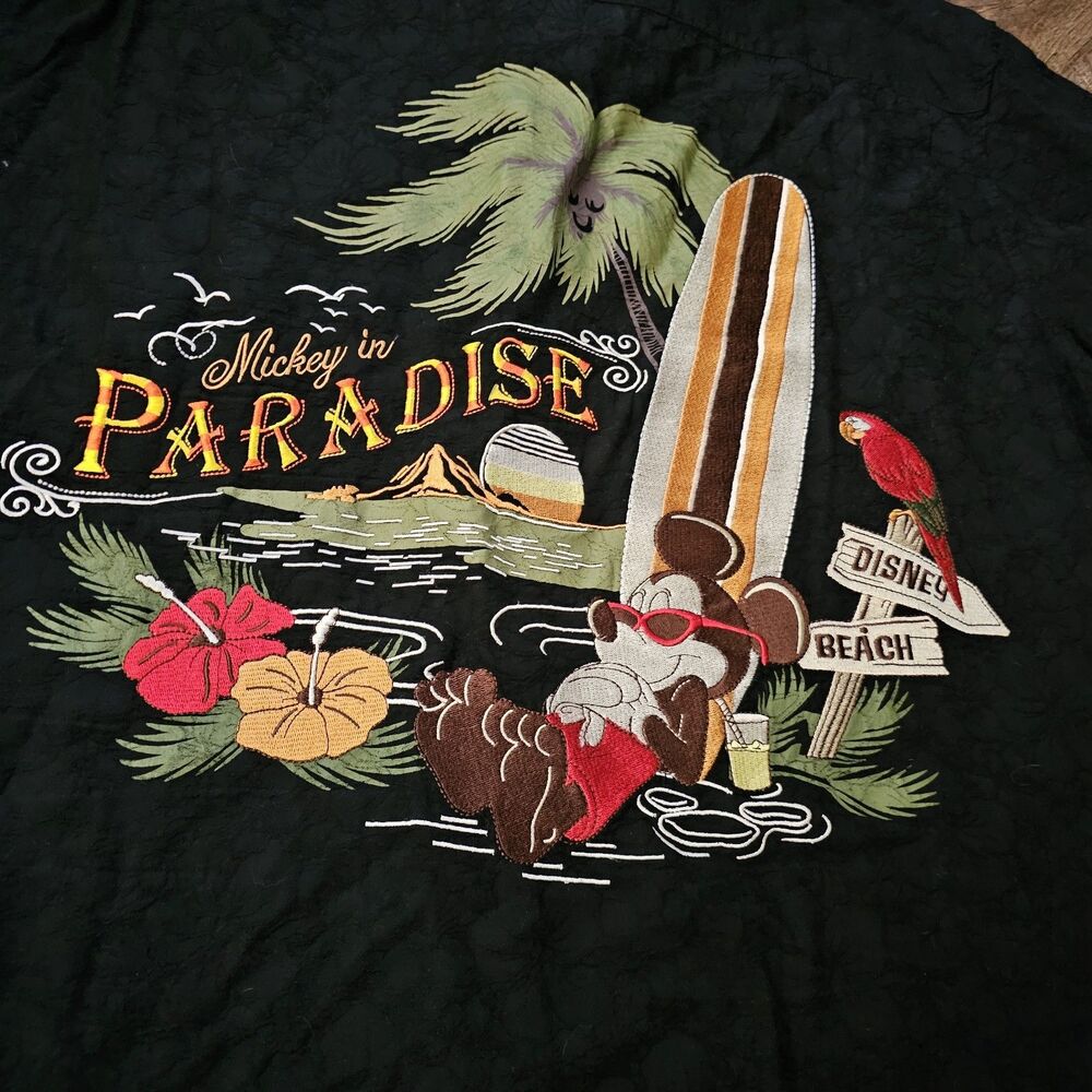 Disney Mickey In Paradise Shirt Embroidered Black S/S Hawaiian Men's XXL Surfer
